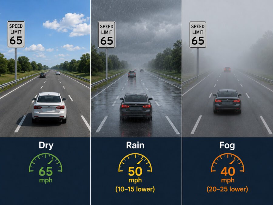 Driver slowing down on a wet road with reduced visibility