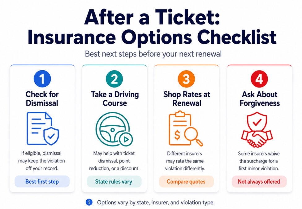 Checklist of options after a traffic ticket including dismissal, defensive driving course, quotes, and forgiveness programs