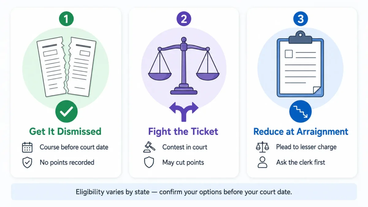 Traffic ticket decision tree showing dismissal, contesting the ticket, requesting reduction, or taking a point reduction course