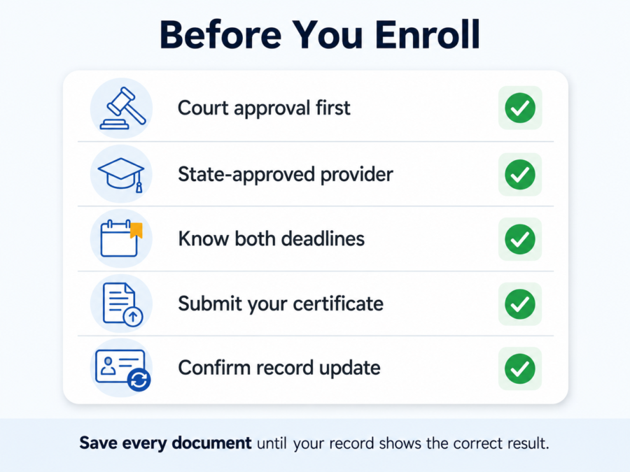 Checklist for confirming court approval, approved course provider, deadline, certificate submission, and record update