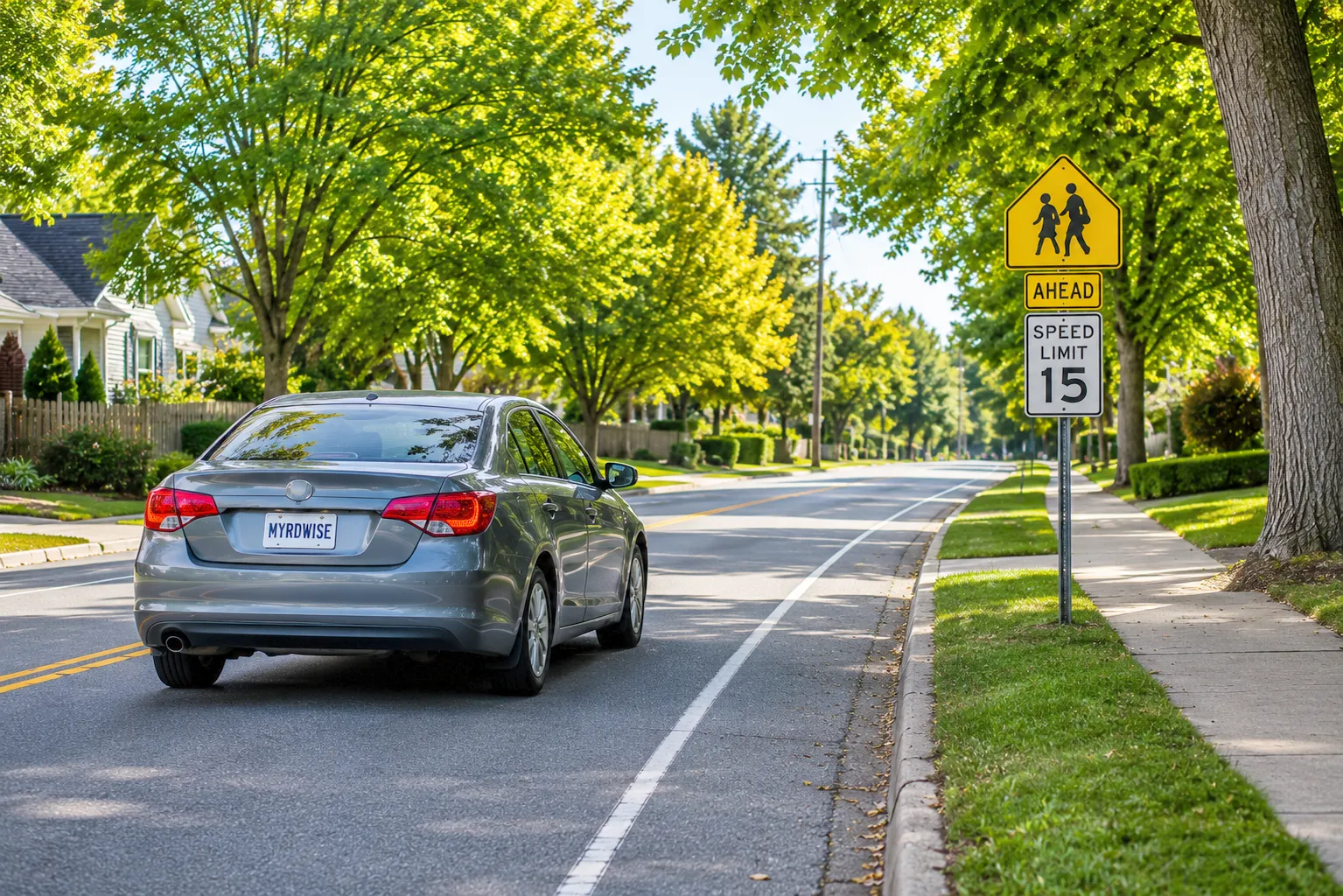 Driver approaching a school-zone speed limit sign on a suburban road while maintaining a safe speed