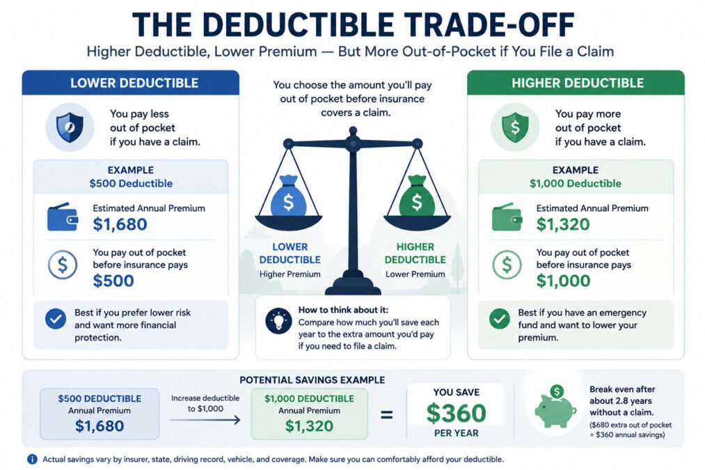 Deductible trade-off showing lower premiums with higher out-of-pocket claim costs