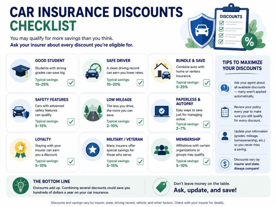 Checklist of common car insurance discounts including low mileage, good student, bundling, and autopay