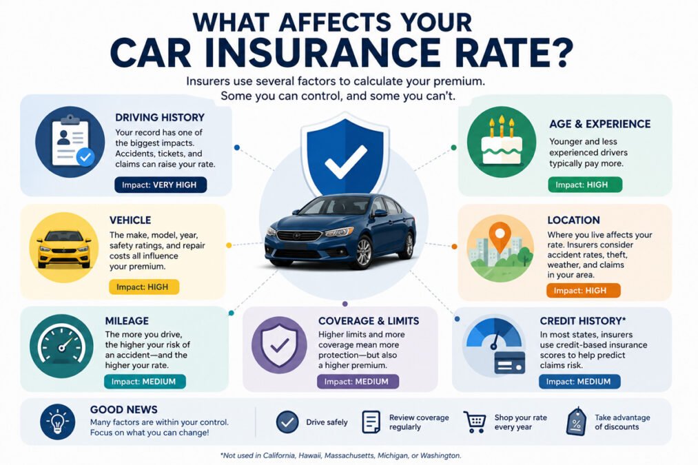 Factors that affect car insurance rates including driving record, vehicle, mileage, and coverage