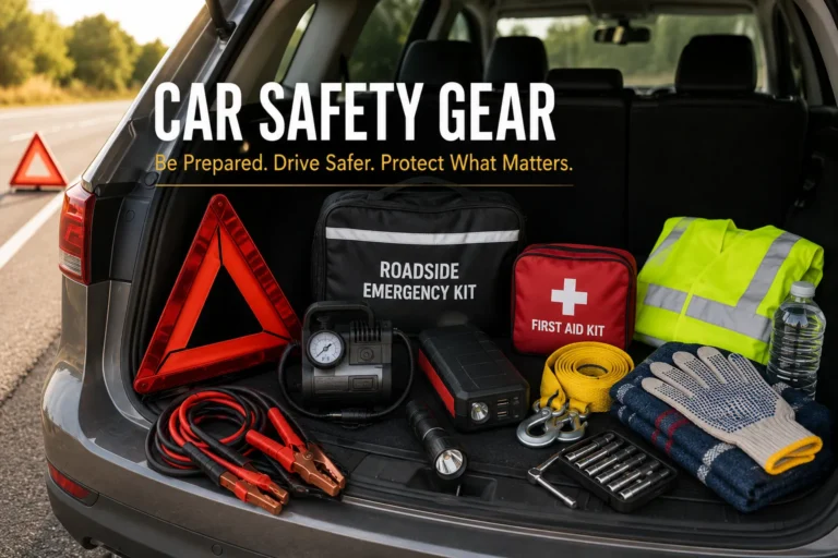 Open SUV trunk organized with car safety gear including a roadside emergency kit, warning triangle, first aid kit, jumper cables, flashlight, gloves, and reflective vest