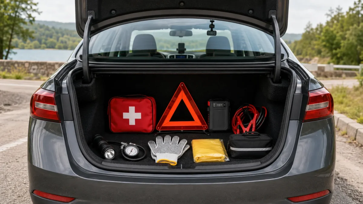 Organized car safety gear beside an open vehicle trunk, including a warning triangle, flashlight, tire gauge, first aid kit, and phone mount