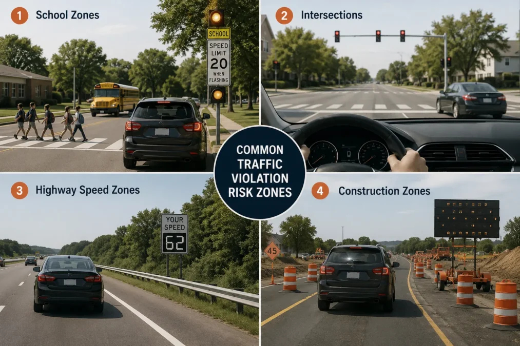 Common traffic violation risk zones including school zones, construction zones, intersections, and speed limit changes
