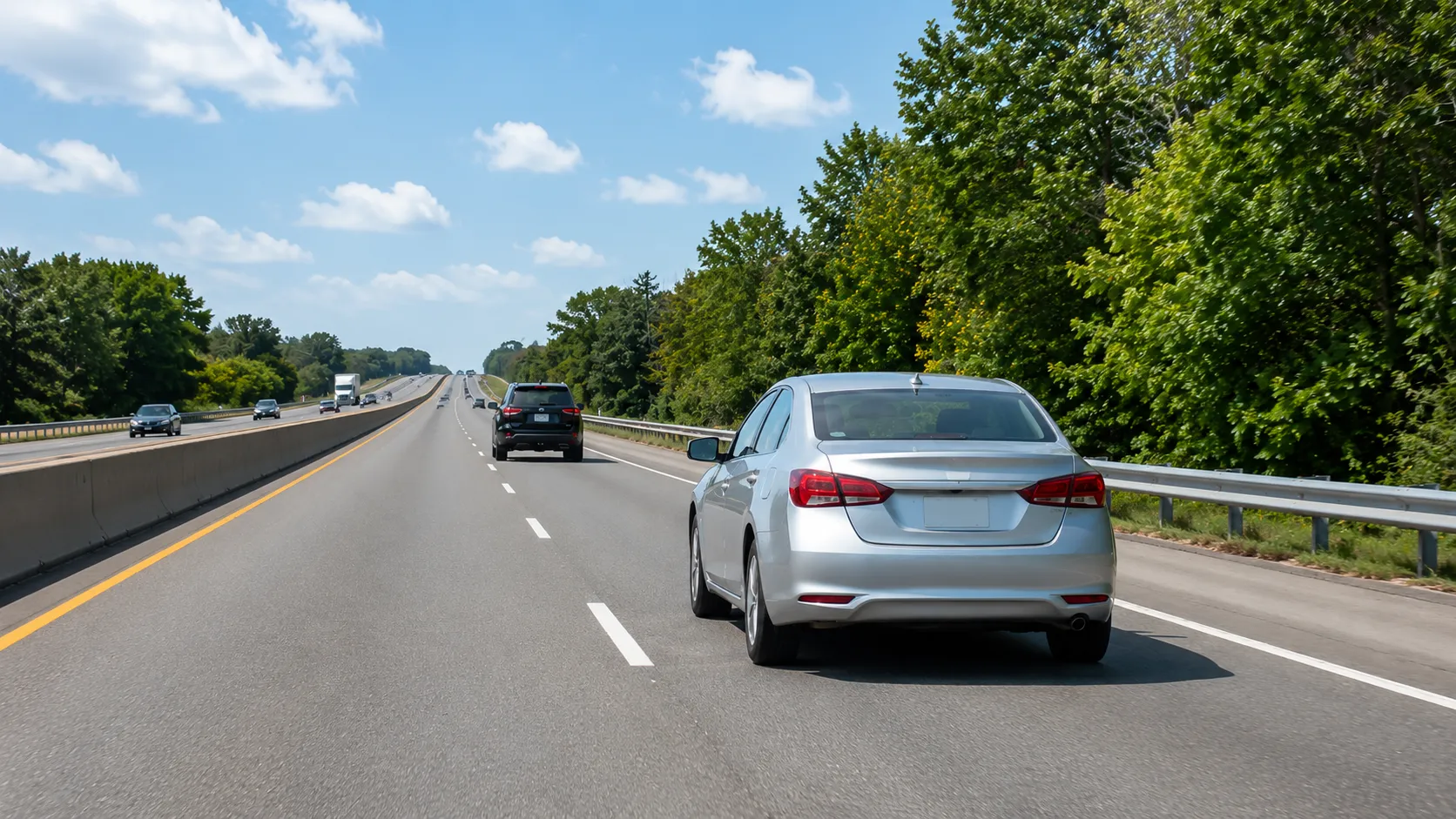Silver sedan maintaining lane position and safe spacing on a clear daytime highway