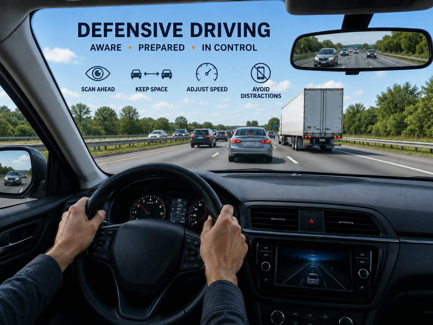 Driver leaving safe space while practicing defensive driving on a multilane road