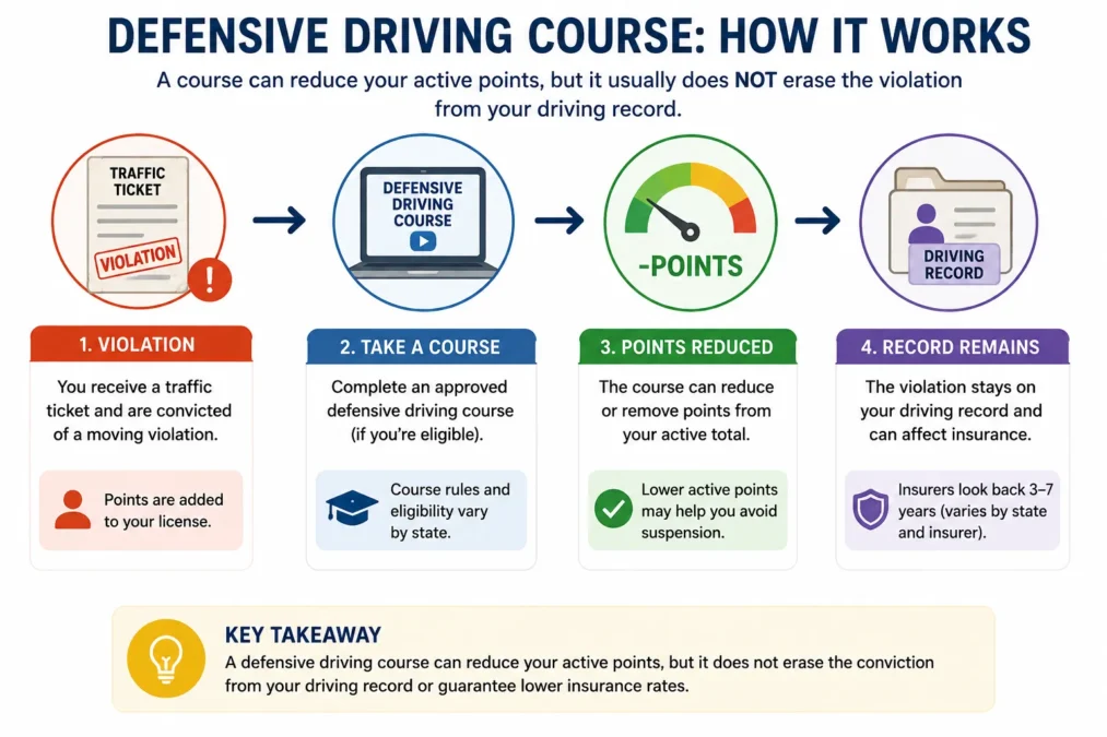 Driver reviewing how a defensive-driving course may affect active points