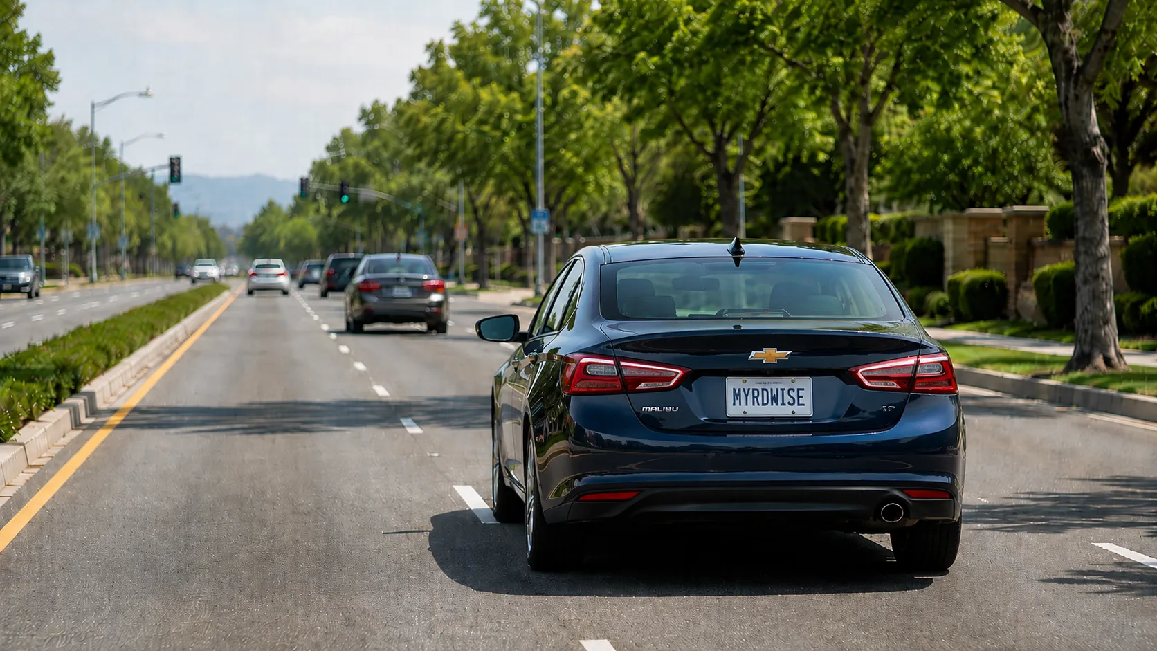 Car driving on a tree-lined suburban road with steady traffic ahead