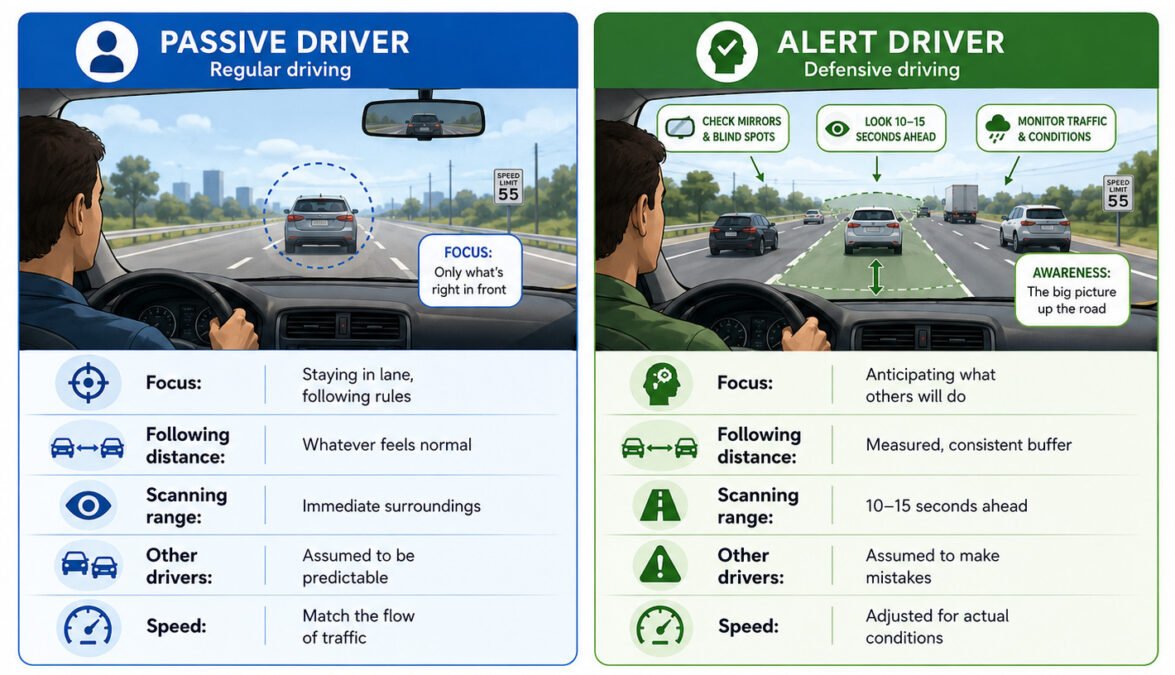 Side-by-side comparison of regular driving versus defensive driving habits, including scanning range and following distance.