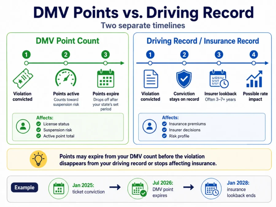 Timeline separating active DMV points from a longer driving-record entry