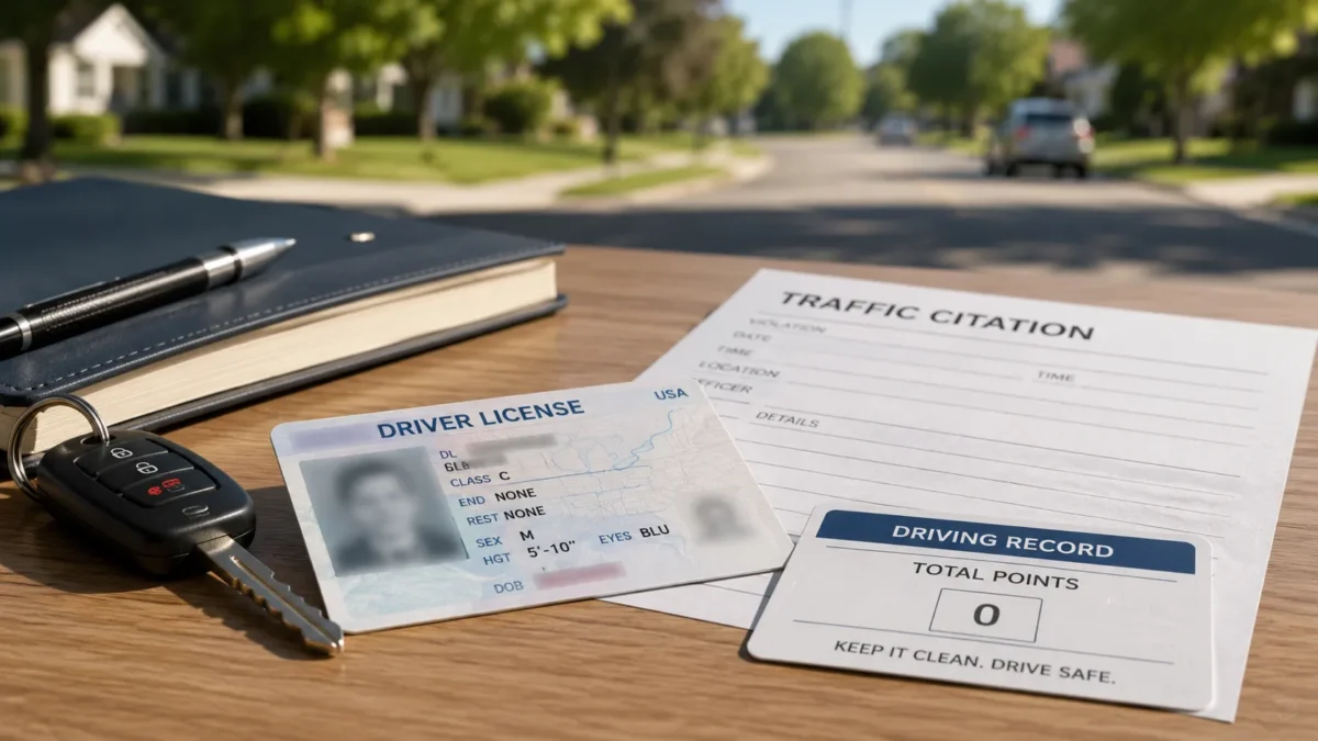 Driver license, traffic ticket, and driving record card showing how license points can affect a driver's record