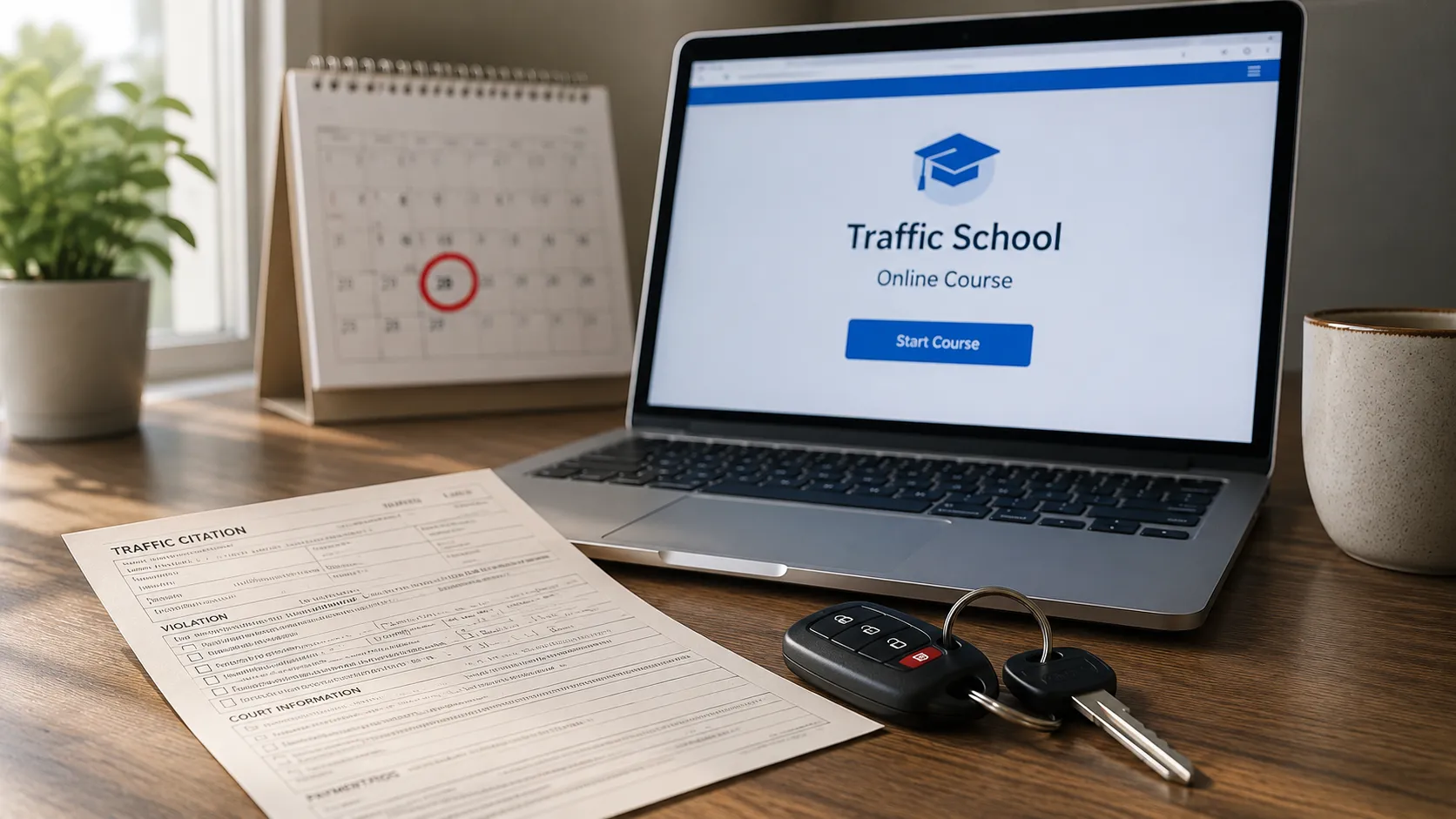 Driver reviewing a traffic ticket and online traffic school course before a court deadline