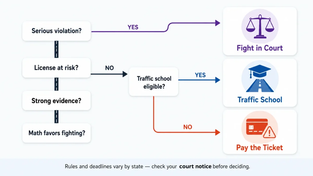 Decision tree showing when to fight a speeding ticket, take traffic school, or pay