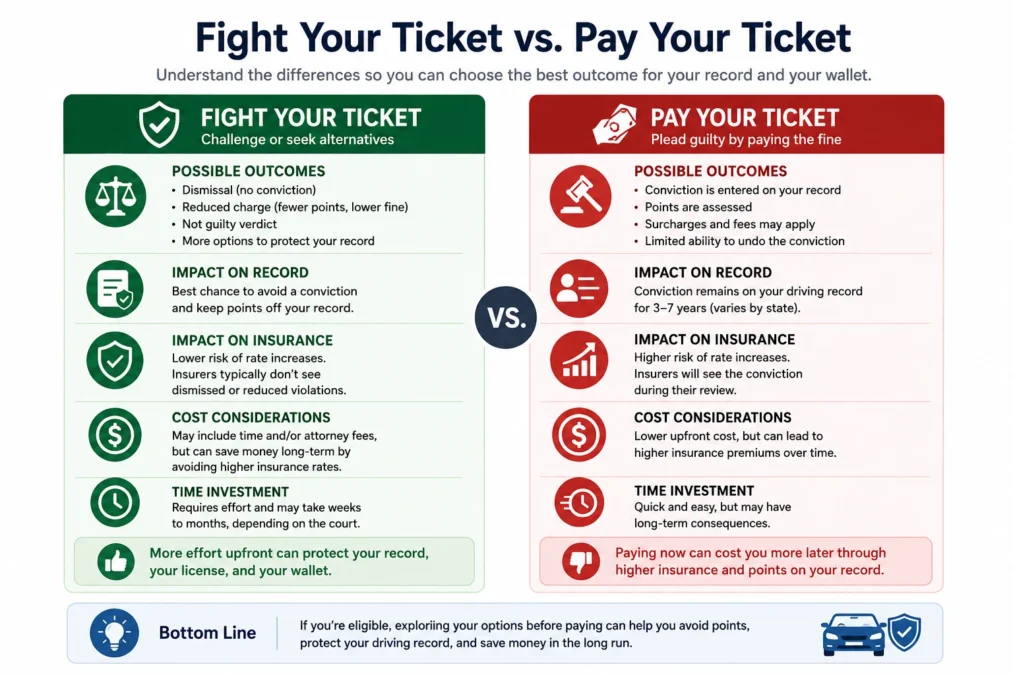 Side-by-side comparison of fighting a traffic ticket versus paying it immediately, including costs, record impact, and insurance consequences.