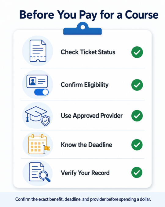 Checklist for checking ticket status, DMV eligibility, course approval, deadlines, and record verification