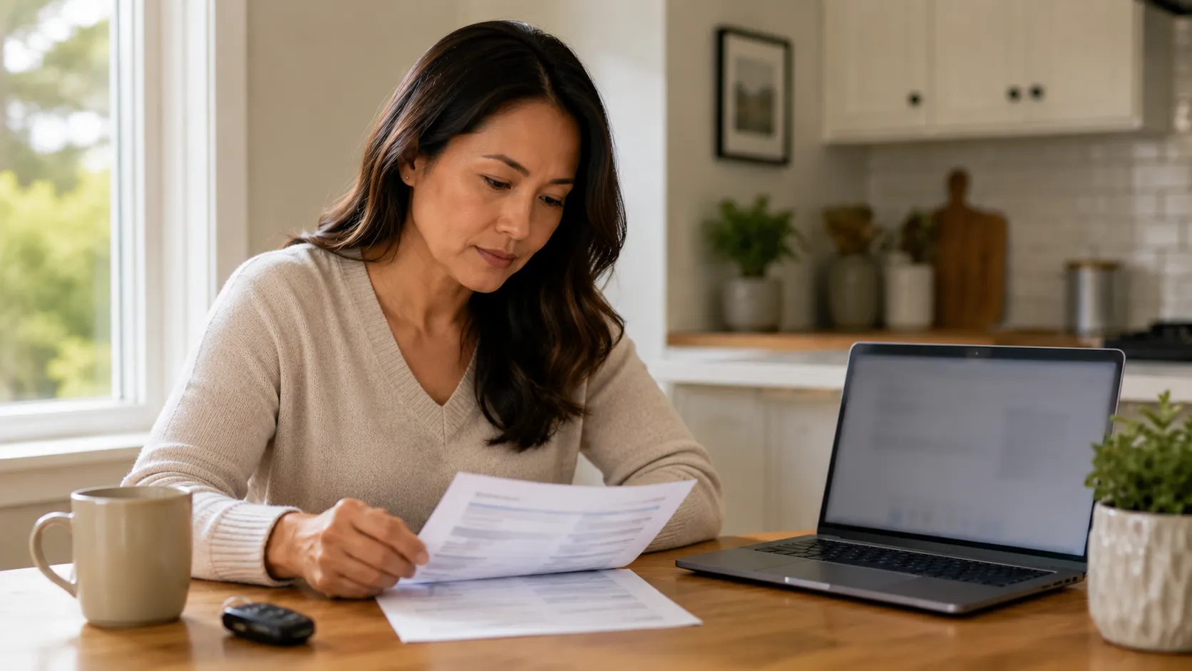 Driver reviewing a printed driving record beside a horizontal laptop at a kitchen table