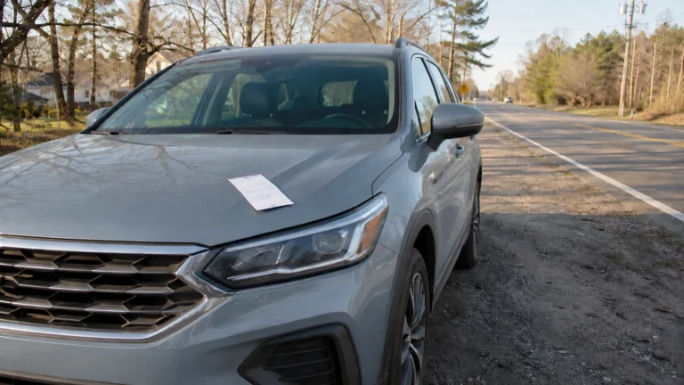 Paper speeding citation on the hood of a parked sedan after a roadside stop