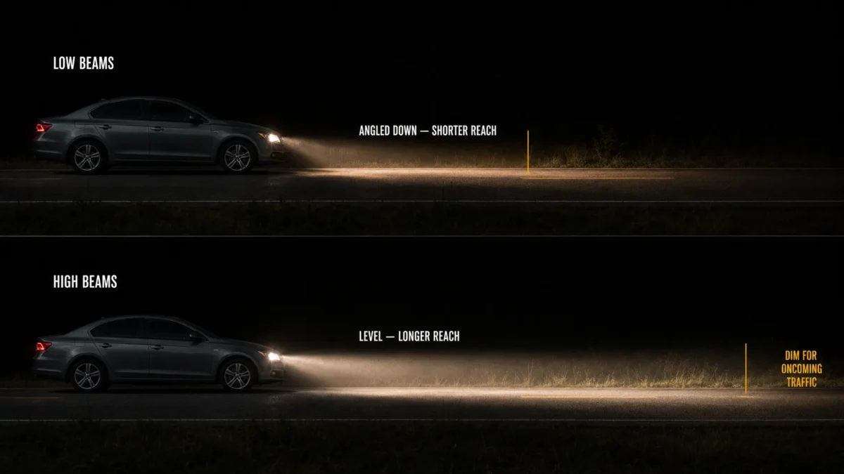 Comparison of low beams and high beams on an unlit road at night