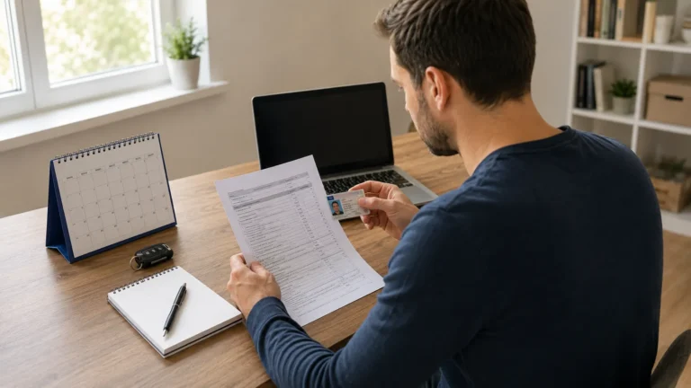 Driver reviewing license and traffic-point paperwork with a calendar and car keys on the desk