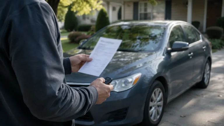 Driver standing beside a parked sedan while reviewing a speeding