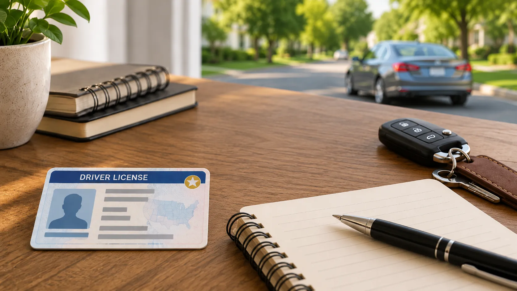 Driver license, traffic citation, and clean driving record card on a desk with a quiet suburban road in the background