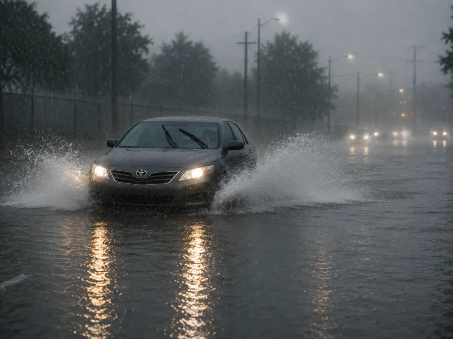 How to drive in heavy rain when a flooded road blocks the route