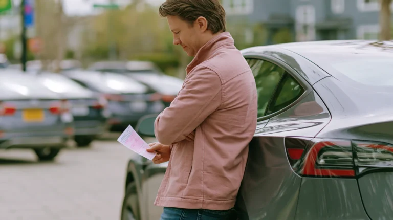 Driver reviewing a traffic ticket beside a parked car while considering options to protect their driving record