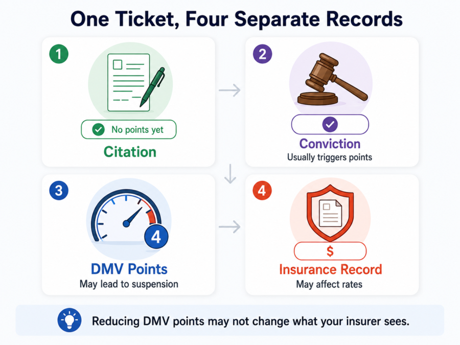 Diagram showing a ticket, court result, DMV points, and insurer record on different timelines