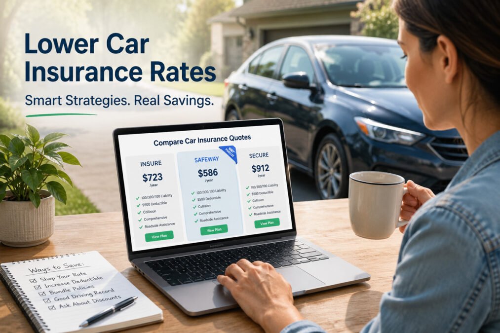 Driver comparing car insurance quotes on a laptop beside a parked car