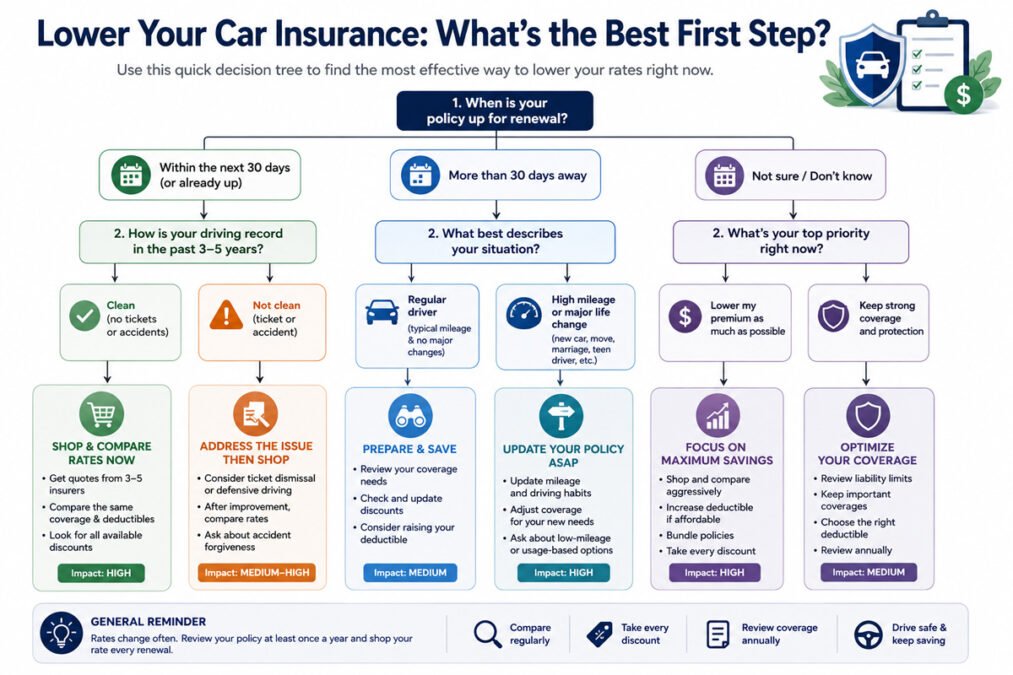 Decision tree helping drivers choose the best first step to lower car insurance rates