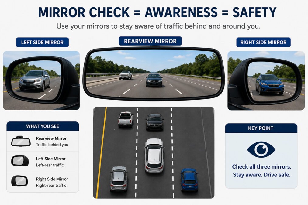 Rearview and side mirrors showing surrounding traffic awareness