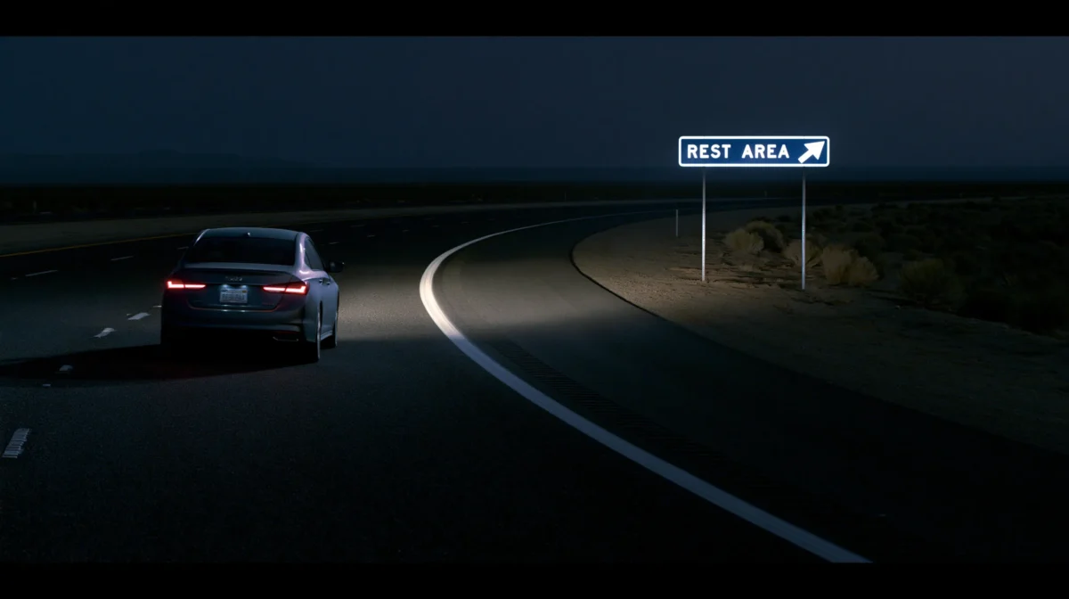 Night driving fatigue warning signs checklist with tired driver and safe rest stop