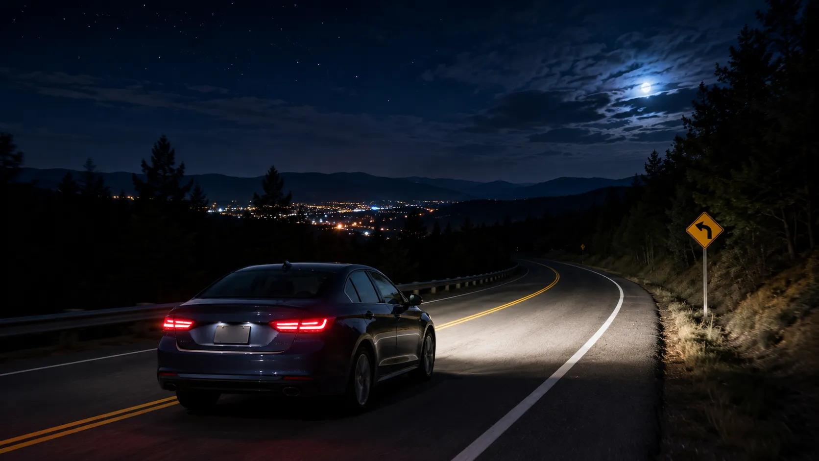 Car driving at night on a dark curved road with headlights illuminating the lane ahead