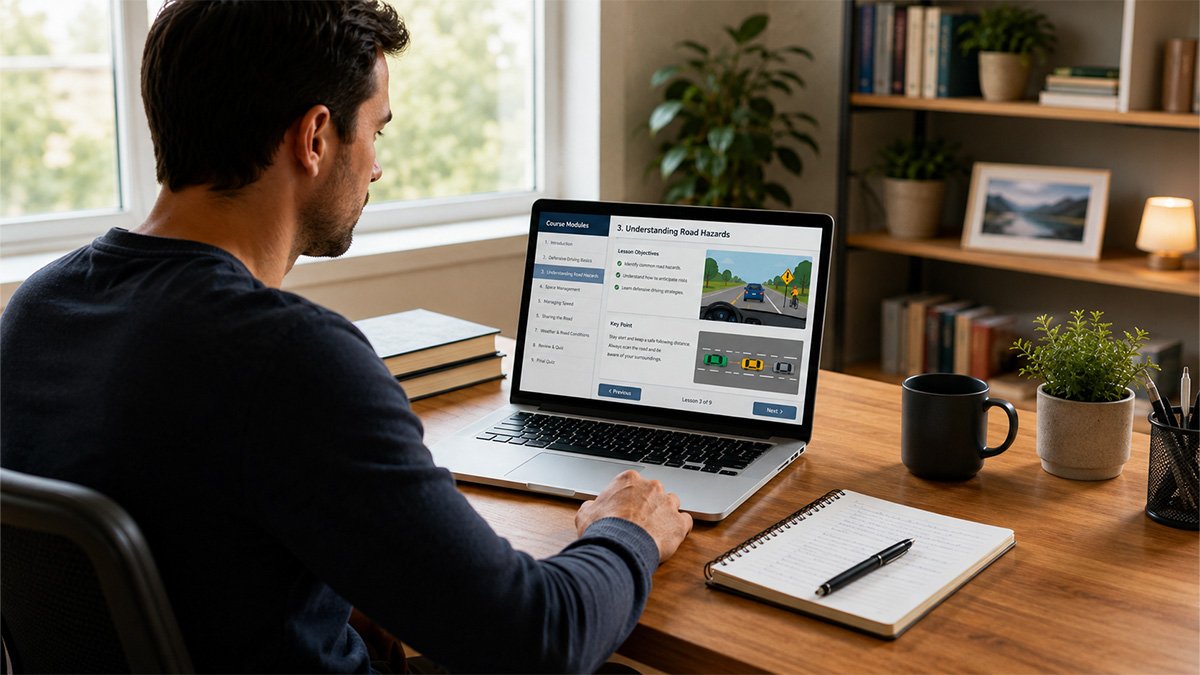 Person taking a state-approved online defensive driving course on a laptop at home.