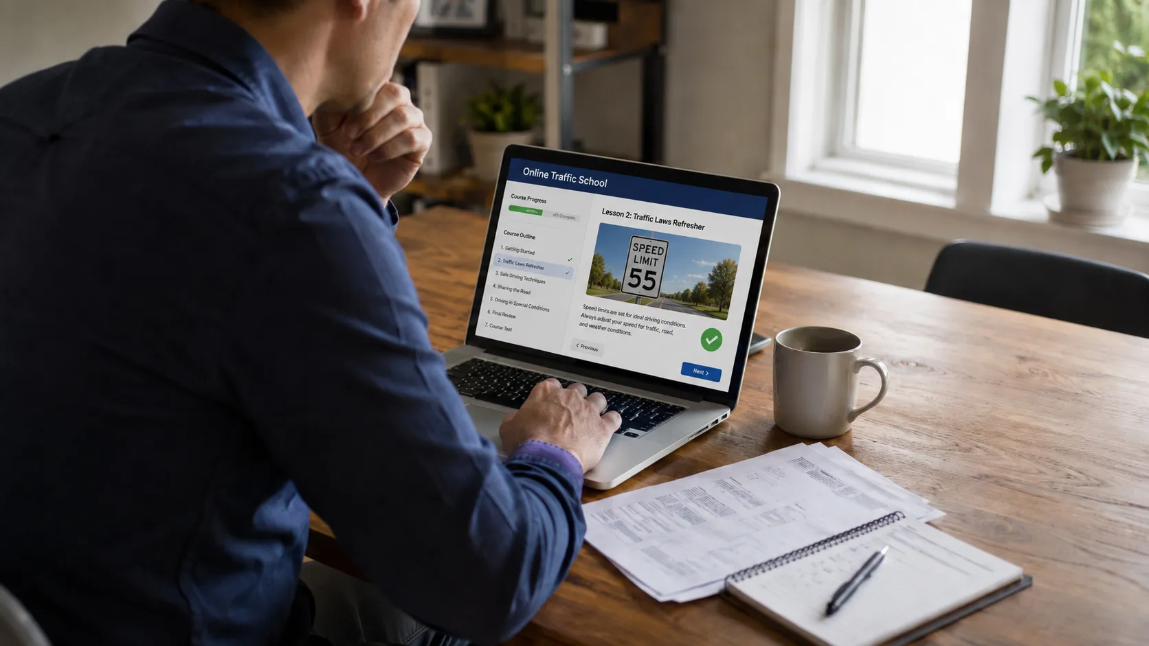 Driver completing an online traffic school course on a laptop with a court notice and approval check symbol nearby