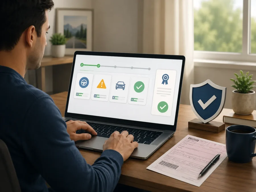 Driver reviewing an approved online traffic school course on a laptop