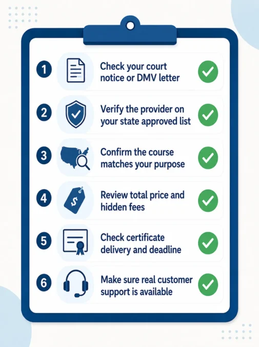 Online traffic school legitimacy checklist showing approval, purpose, and certificate checks