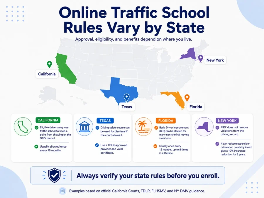 U.S. map-style graphic showing that online traffic school rules vary by state