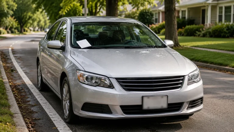 Silver sedan parked on a quiet suburban street with a blank traffic citation tucked under the windshield wiper