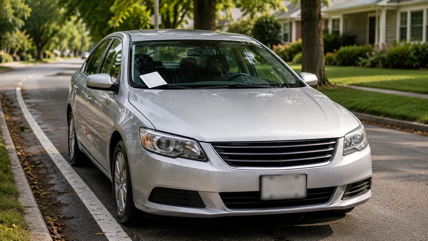 Silver sedan parked on a quiet suburban street with a blank traffic citation tucked under the windshield wiper