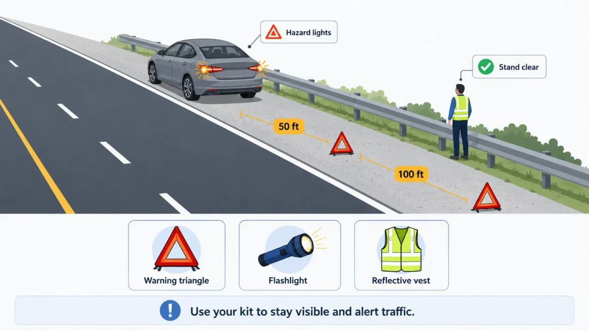 Roadside emergency kit items arranged around a stopped car with warning triangle, flashlight, jumper cables, and first aid kit