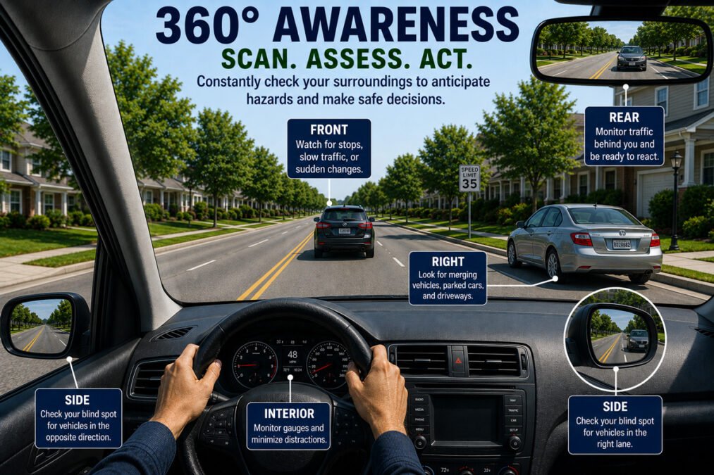 Driver view showing a 10 to 15 second scanning zone ahead on the road