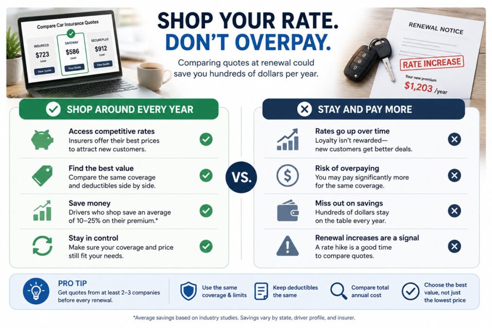 Side-by-side comparison of shopping car insurance rates versus staying with the same insurer