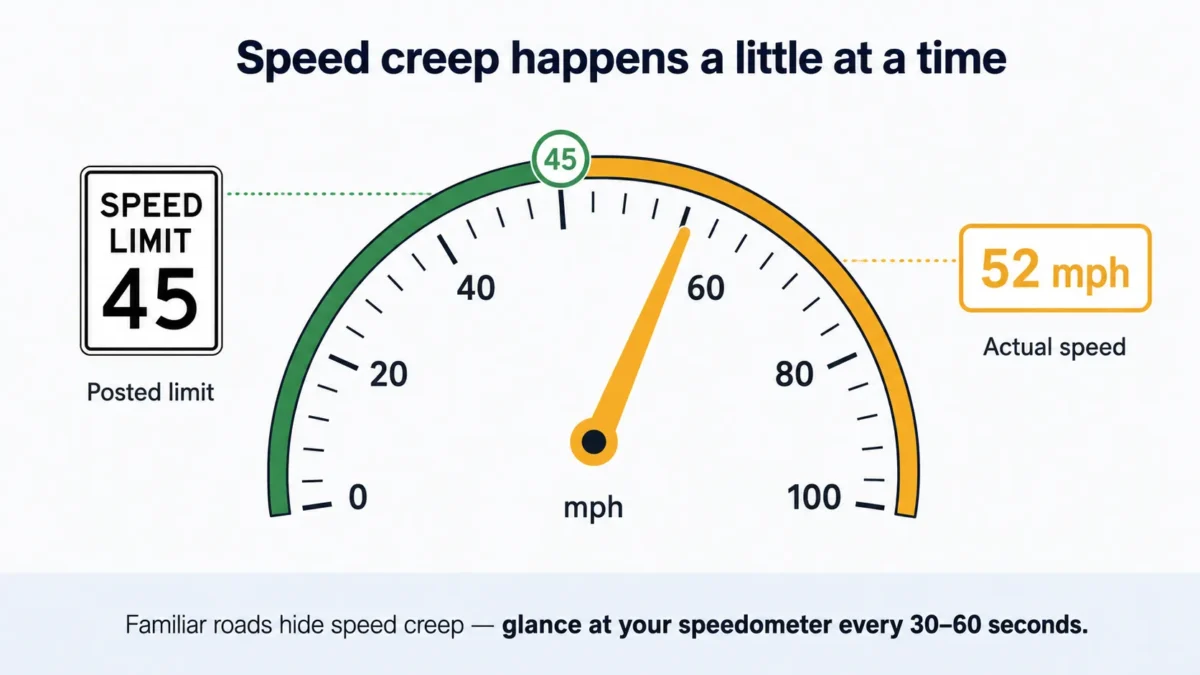Driver noticing the speedometer creeping above the speed limit on a familiar road