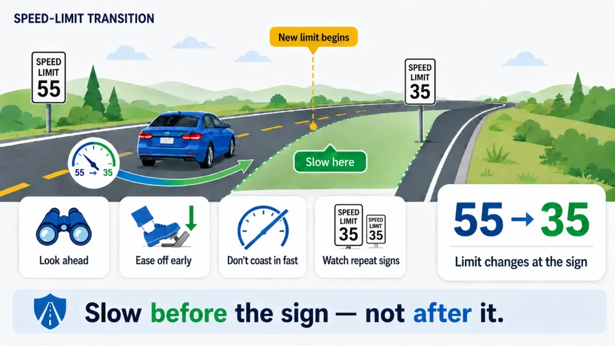 Road diagram showing a car slowing before a posted speed limit reduction sign