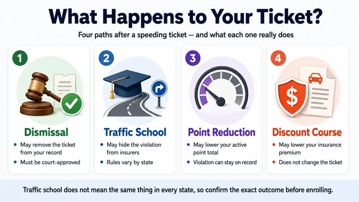 Decision graphic comparing speeding ticket dismissal, traffic school, point reduction, and paying the fine