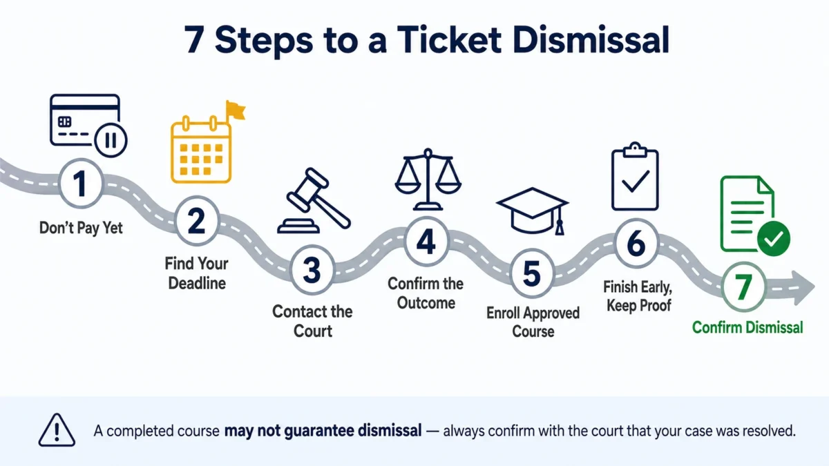 Steps showing speeding ticket date, court deadline, course approval, certificate submission, and dismissal confirmation